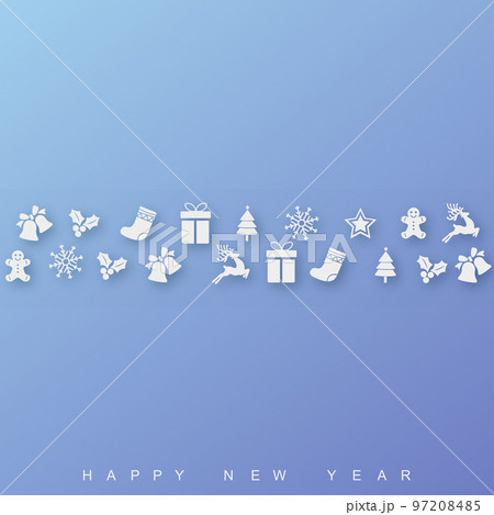 Christmas and Happy New Year card with Xmas ornaments. Vector 97208485