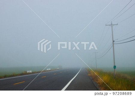 Extremely foggy country road morning by farmland with telephone poles 97208689