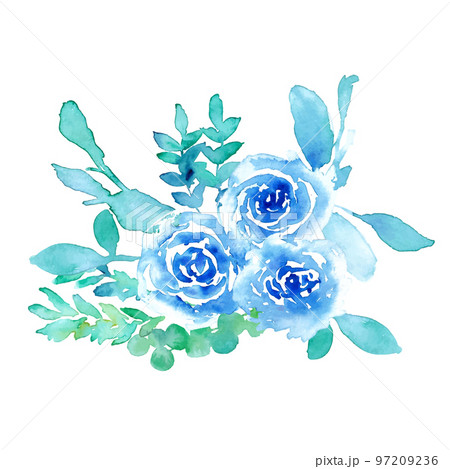 水彩画。水彩タッチの青い薔薇のベクターイラスト。エレガントな水彩