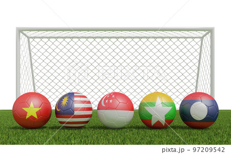 Footballs in flags colors on  Football  field.  3d rendering of group B 97209542