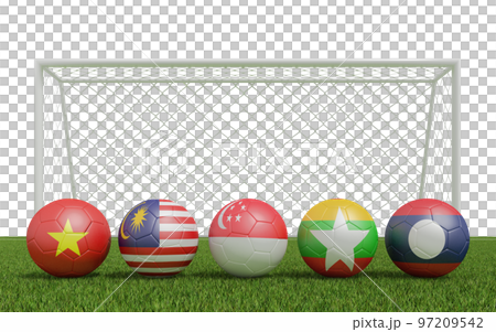 Footballs in flags colors on  Football  field.  3d rendering of group B 97209542