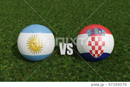 Footballs in flags colors on soccer field . Argentina with Croatia. 3d rendering Footballs in flags colors on soccer field . Argentina with Croatia. 3d rendering 97209570