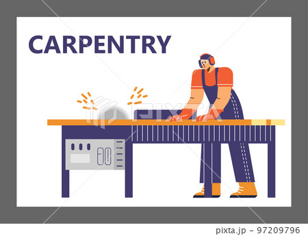 Carpentry works banner with worker cutting log, vector illustration isolated. 97209796