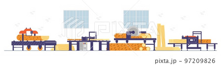 Sawmill wood cutting facility and equipment flat vector illustrations isolated. Sawmill wood cutting facility and equipment flat vector illustrations isolated. 97209826