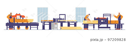 Sawmill conveyor industrial electric machinery flat vector illustration isolated. 97209828