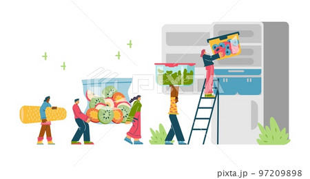 Tiny people carry huge containers of food and put it in fridge flat style Tiny people carry huge containers of food and put it in fridge flat style 97209898