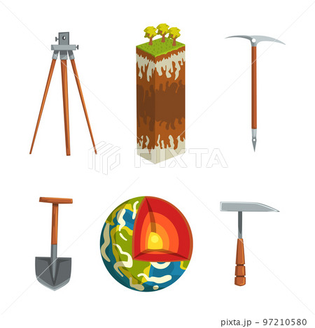 Geological Tool and Symbols with Tripod, Shovel, Pickaxe, Earth Core and Column of Soil Cut Section Vector Set Geological Tool and Symbols with Tripod, Shovel, Pickaxe, Earth Core and Column of Soil Cut Section Vector Set 97210580