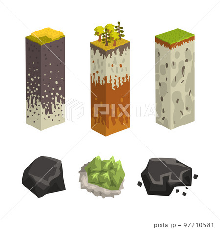 Geological Layered Column of Soil with Cut Section and Mineral Vector Set Geological Layered Column of Soil with Cut Section and Mineral Vector Set 97210581