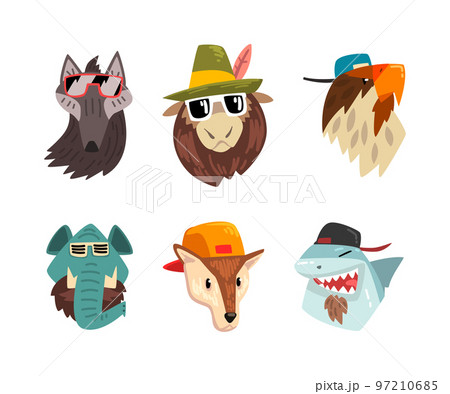 Cute Animal Heads Wearing Stylish Headgears and Sunglasses Vector Set Cute Animal Heads Wearing Stylish Headgears and Sunglasses Vector Set 97210685