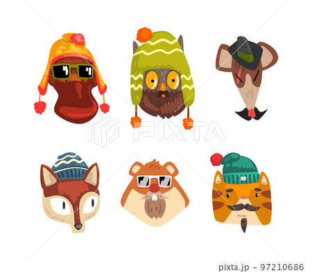 Cute Animal Heads Wearing Stylish Headgears and Sunglasses Vector Set 97210686