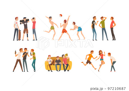 Company of Friends Spending Time Together Talking, Playing Volleyball, Drinking Beer and Playing Game Vector Set Company of Friends Spending Time Together Talking, Playing Volleyball, Drinking Beer and Playing Game Vector Set 97210687