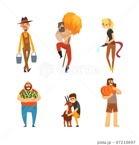 Man and Woman Farmer Working in the Garden with Bucket, Hay, Hose and Carrying Watermelon and Pumpkin Vector Set Man and Woman Farmer Working in the Garden with Bucket, Hay, Hose and Carrying Watermelon and Pumpkin Vector Set 97210697