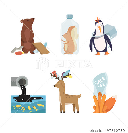 Animal Suffering from Contaminated Water and Environment Pollution Effect Vector Set Animal Suffering from Contaminated Water and Environment Pollution Effect Vector Set 97210780