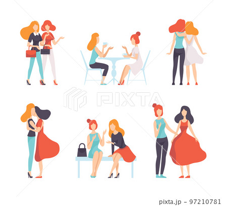 Female Friend Spending Time Together Embracing, Walking and Drinking Tea Vector Set 97210781