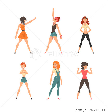 Young Woman Standing in Brave Pose Feeling Strength and Power Vector Set Young Woman Standing in Brave Pose Feeling Strength and Power Vector Set 97210811