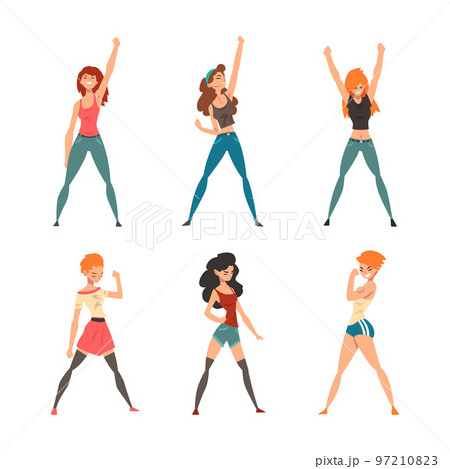 Young Woman Standing in Brave Pose Feeling Strength and Power Vector Set 97210823