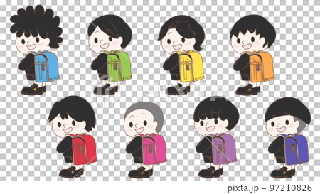 Illustration of a boy carrying a colorful school bag Illustration of a boy carrying a colorful school bag 97210826