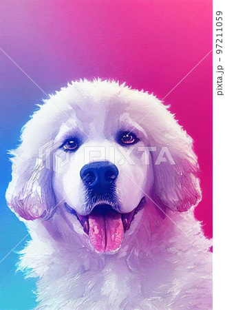 Funny adorable portrait headshot of cute doggy. Kuvaszok dog breed puppy, standing facing front. Looking curious towards camera. Watercolor art illustration. Vertical artistic poster. 97211059