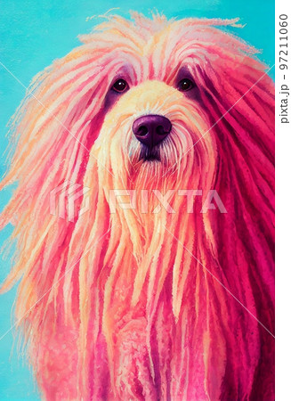 Funny adorable portrait headshot of cute doggy. Komondor dog breed puppy, standing facing front. Looking curious towards camera. Watercolor art illustration. Vertical artistic poster. 97211060