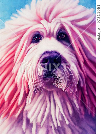 Funny adorable portrait headshot of cute doggy. Komondor dog breed puppy, standing facing front. Looking curious towards camera. Watercolor art illustration. Vertical artistic poster. 97211061