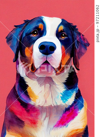 Funny adorable portrait headshot of cute doggy. Greater Swiss Mountain dog breed puppy, standing facing front. Looking curious towards camera. Watercolor art illustration. Vertical artistic poster. 97211062