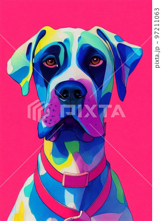 Funny adorable portrait headshot of cute doggy. Great Dane dog breed puppy, standing facing front. Looking curious towards camera. Watercolor art illustration. Vertical artistic poster. 97211063