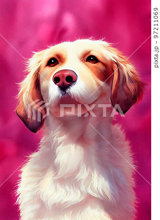 Funny adorable portrait headshot of cute doggy. Great Pyrenee dog breed puppy, standing facing front. Looking curious towards camera. Watercolor art illustration. Vertical artistic poster. 97211069