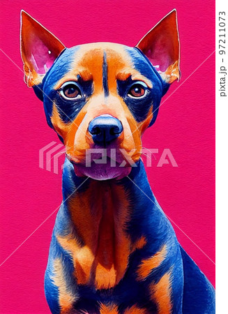 Funny adorable portrait headshot of cute doggy. German Pinscher dog breed puppy, standing facing front. Looking curious towards camera. Watercolor art illustration. Vertical artistic poster. 97211073