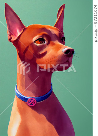 Funny adorable portrait headshot of cute doggy. German Pinscher dog breed puppy, standing facing front. Looking curious towards camera. Watercolor art illustration. Vertical artistic poster. 97211074