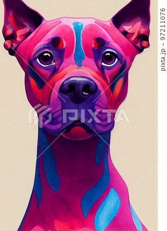 Funny adorable portrait headshot of cute doggy. German Pinscher dog breed puppy, standing facing front. Looking curious towards camera. Watercolor art illustration. Vertical artistic poster. 97211076