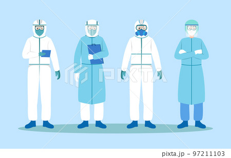 Doctor cartoon characters design with PPE coat ( Personal Protective Equipment ) . Outbreaks concept . Vector . 97211103