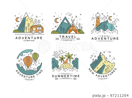 Summer Travel and Adventure with Mountain, Camp, Van and Hot Air Balloon Line Vector Set 97211204