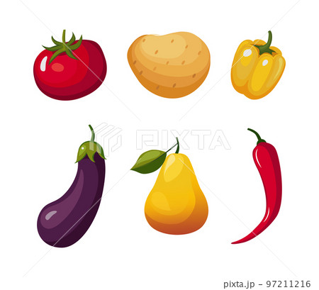 Tomato, Potato, Pepper, Eggplant, Pear and Chili Ripe Fruit and Vegetable as Organic Food Vector Set 97211216