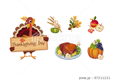 Thanksgiving Autumn Holiday Symbols with Vegetable Abundance Vector Set Thanksgiving Autumn Holiday Symbols with Vegetable Abundance Vector Set 97211221