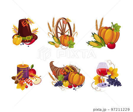 Thanksgiving Autumn Holiday Symbols with Vegetable Abundance Vector Set Thanksgiving Autumn Holiday Symbols with Vegetable Abundance Vector Set 97211229
