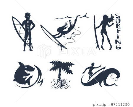 Black Surfing Silhouette with Waves and Woman Riding on Surfboard Vector Set 97211230