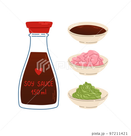 Soy sauce, ginger, wasabi set japan asian food vector logo design pack isolated on white background 97211421