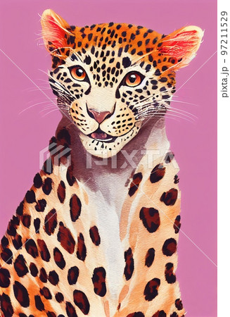 Funny adorable portrait headshot of cute Leopard. African land animal standing facing front. Looking towards camera. Watercolor art illustration. Vertical artistic poster. 97211529