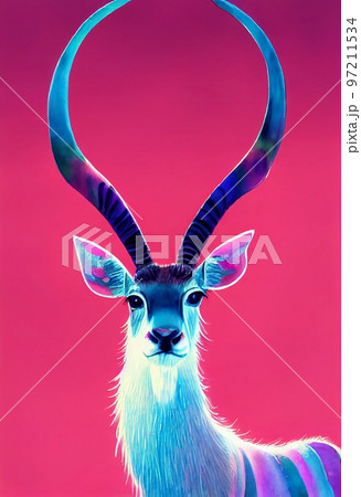 Funny adorable portrait headshot of cute kudu. African land animal standing facing front. Looking towards camera. Watercolor art illustration. Vertical artistic poster. 97211534
