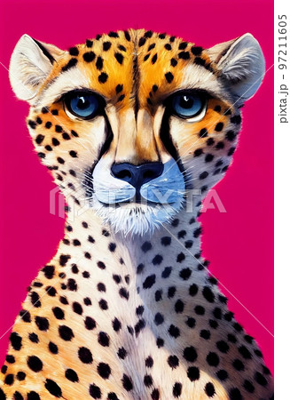 Funny adorable portrait headshot of cute Cheetah. African land animal standing facing front. Looking towards camera. Watercolor art illustration. Vertical artistic poster. Funny adorable portrait headshot of cute Cheetah. African land animal standing facing front. Looking towards camera. Watercolor art illustration. Vertical artistic poster. 97211605