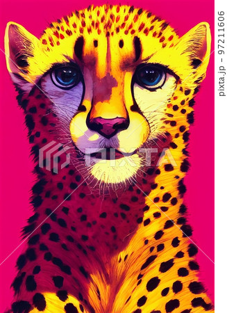 Funny adorable portrait headshot of cute Cheetah. African land animal standing facing front. Looking towards camera. Watercolor art illustration. Vertical artistic poster. Funny adorable portrait headshot of cute Cheetah. African land animal standing facing front. Looking towards camera. Watercolor art illustration. Vertical artistic poster. 97211606