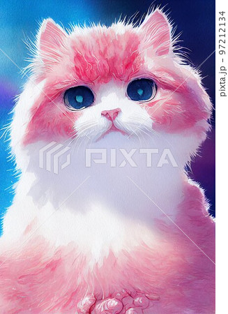 Funny adorable portrait headshot of cute kitten. Selkirk Rex cat breed kitty, standing facing front. Looking curious towards camera. Watercolor art illustration. Vertical artistic poster. 97212134