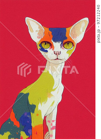 Funny adorable portrait headshot of cute kitten. Devon Rex cat breed kitty, standing facing front. Looking curious towards camera. Watercolor art illustration. Vertical artistic poster. 97212240