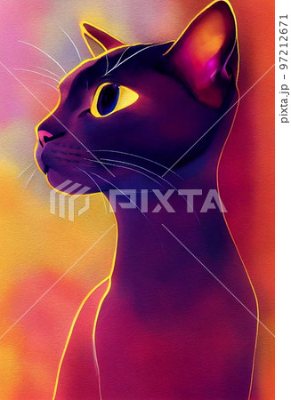Funny adorable portrait headshot of cute kitten. Black cat with bright eyes, kitty standing facing front. Looking curious towards camera. Watercolor art illustration. Vertical artistic poster. 97212671