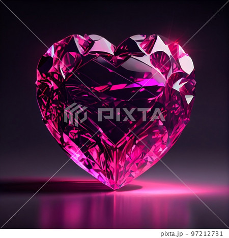 Shiny faceted Pink sapphire heart isolated on black background. Natural precious mineral stone artistic illustration. Decorative magenta sapphire crystal heart poster. 97212731