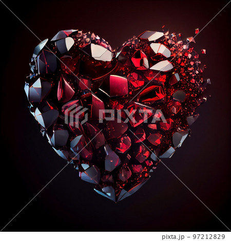 Shiny red ruby broken heart isolated on black background. Natural precious mineral stone artistic illustration. Decorative ruby crystal heart poster. 97212829