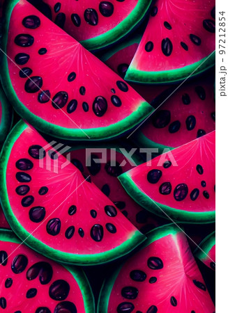 Floral magenta watermelon slices abstract background. Decorative fruit, fuchsia pink texture. Vertical floral magenta watermelon slices abstract pattern. Floral magenta watermelon slices abstract background. Decorative fruit, fuchsia pink texture. Vertical floral magenta watermelon slices abstract pattern. 97212854