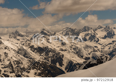 View of snow-capped peaks, Dombay, Russia View of snow-capped peaks, Dombay, Russia 97212918