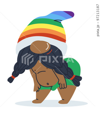 Black hot man with a beard. Dwarf in shorts and a rainbow hat. Fairy tale character. Vector illustration Black hot man with a beard. Dwarf in shorts and a rainbow hat. Fairy tale character. Vector illustration 97213187