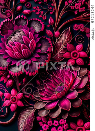 Floral magenta leaves and flowers abstract background. Decorative plants, fuchsia pink texture. Vertical floral magenta leaves and flowers botanical abstract pattern. 97213244
